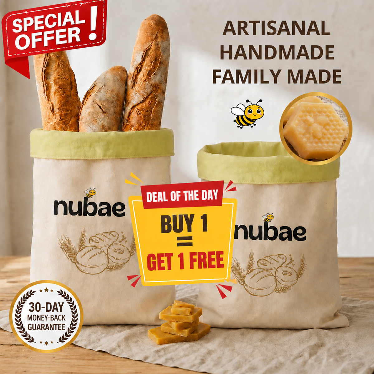 Nubae Premium Beeswax & 100% Cotton Bread Bags — Reusable Storage for Naturally Fresher Bread